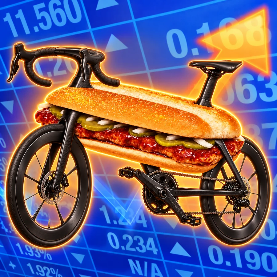 A McRib sandwich built into a black road bike, glowing in front of a stock chart